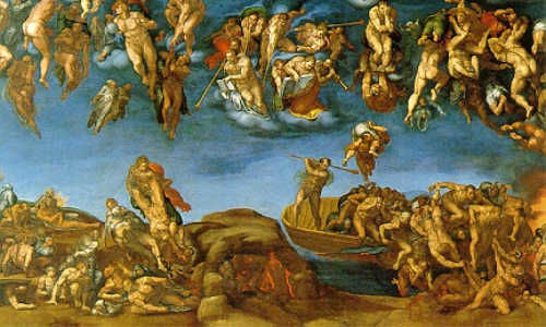 Ausschnitt aus Michelangelos Darstellung des Jüngsten Gerichts in der Sixtinischen Kapelle