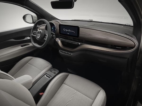 2025 Fiat 500e Giorgio Armani Collector’s Edition in Greige features matching greige interior with eco-leather seats and unique dash treatment with special woodgrain finish and dash frame with Giorgio Armani signature (European model shown)